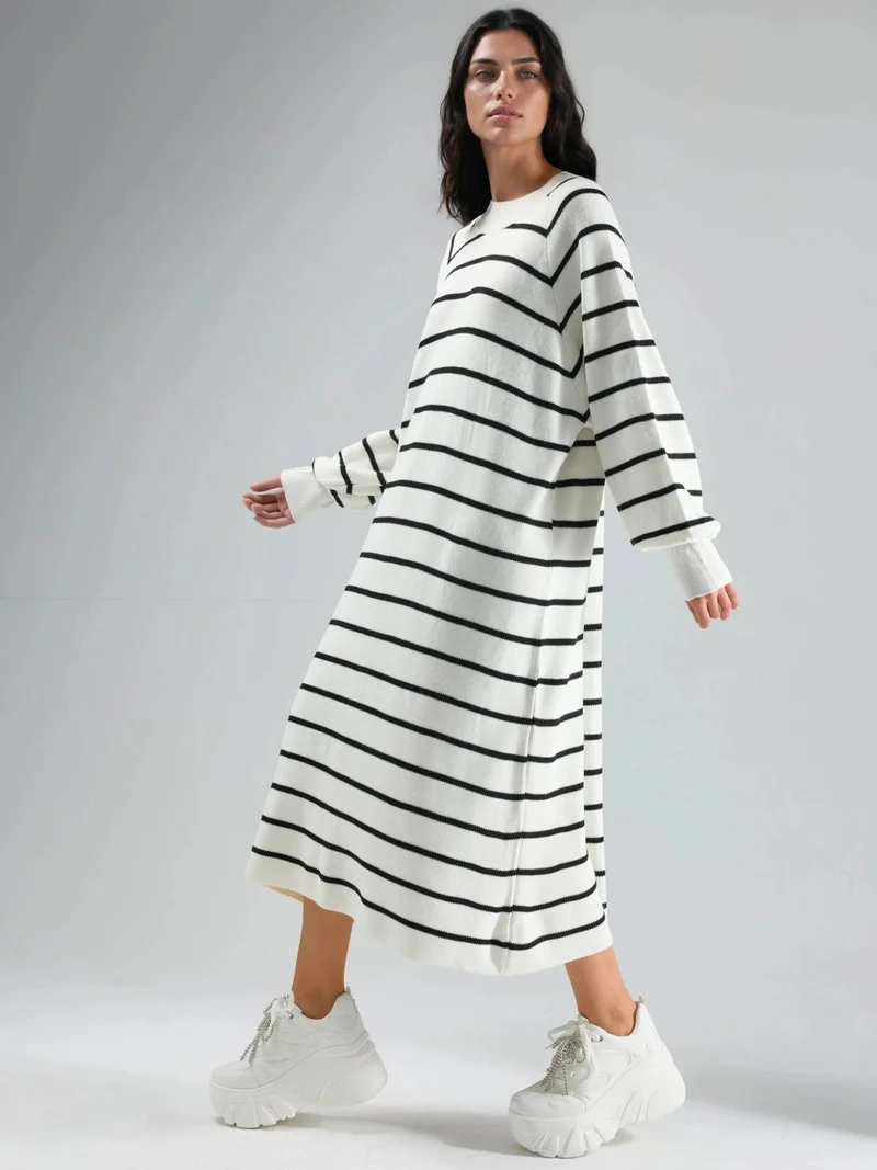 MY FASHION Dusty White MY FASHION Long Sleeve Striped Ribbed Knit Dress for Women | Best Price UAE